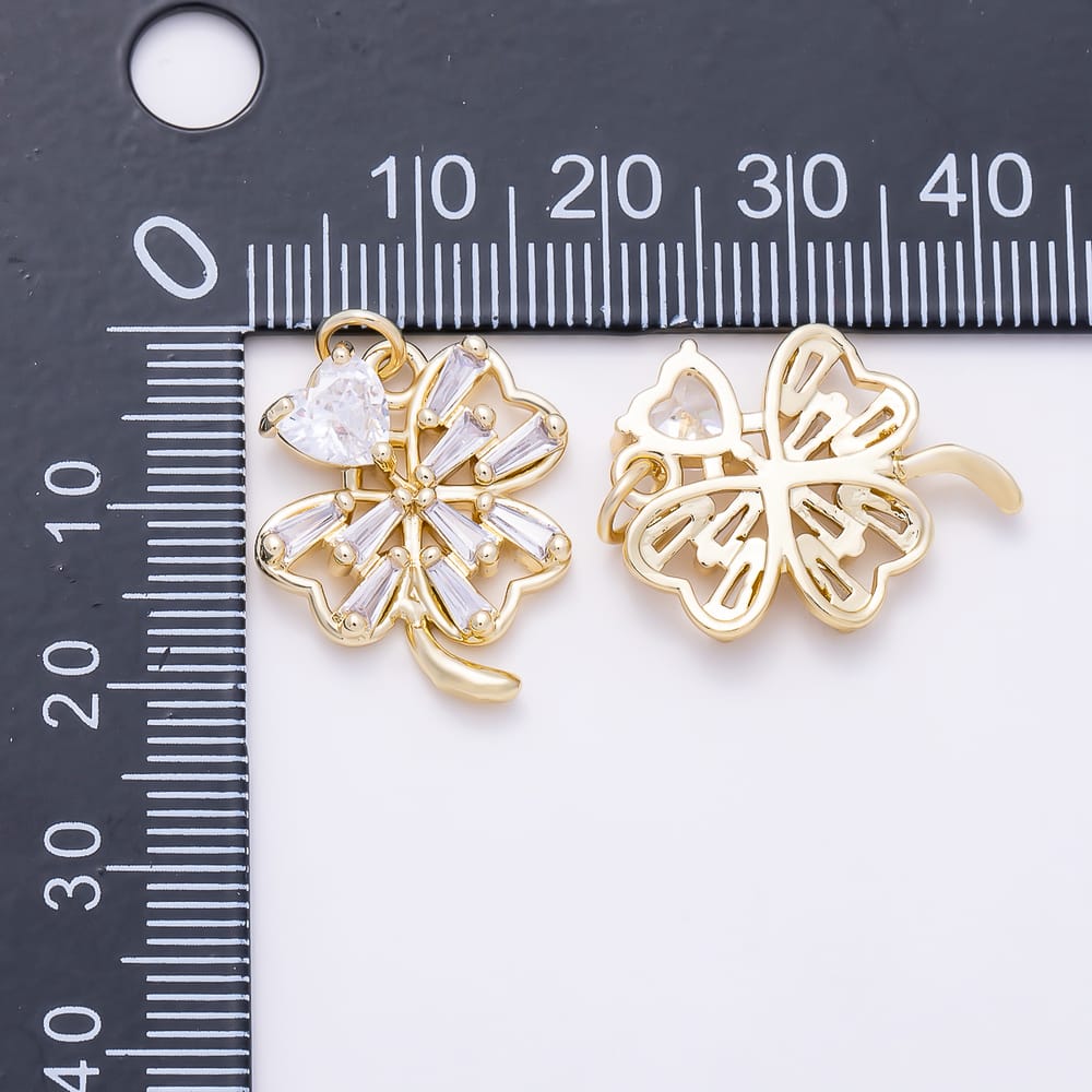 16K Gold Filled 22mm Clear Baguette Heart CZ Four Leaf Lucky Clover Flower Charm | Charms-02243