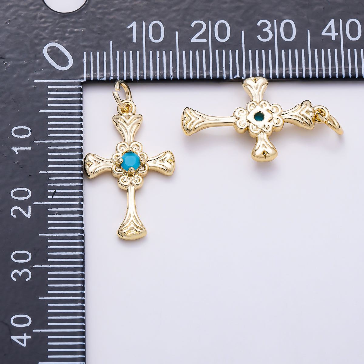 16K Gold Filled 22mm Turquoise CZ Vintage Filigree Cross Religious Charm in Gold & Silver | Charms-01865 - Charms-01866