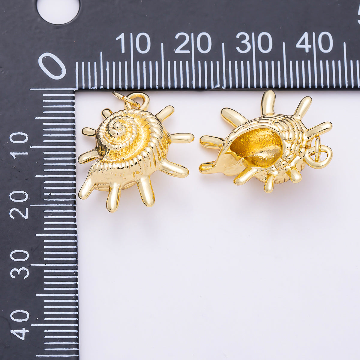 16K Gold Filled 22mm Ribbed Nautilus Seashell Sun Ray 3D Multidimensional Charm | Charms-01455