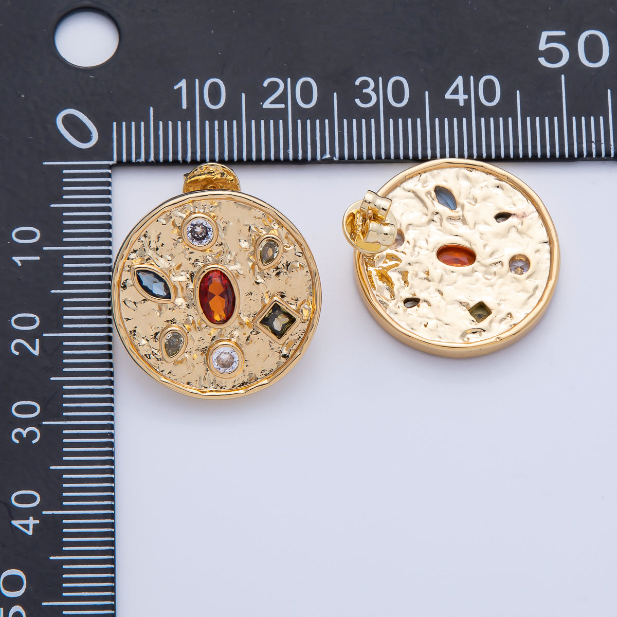 18K Gold Filled 22.3mm Multicolor CZ Hammered Round Stud Earrings | T489