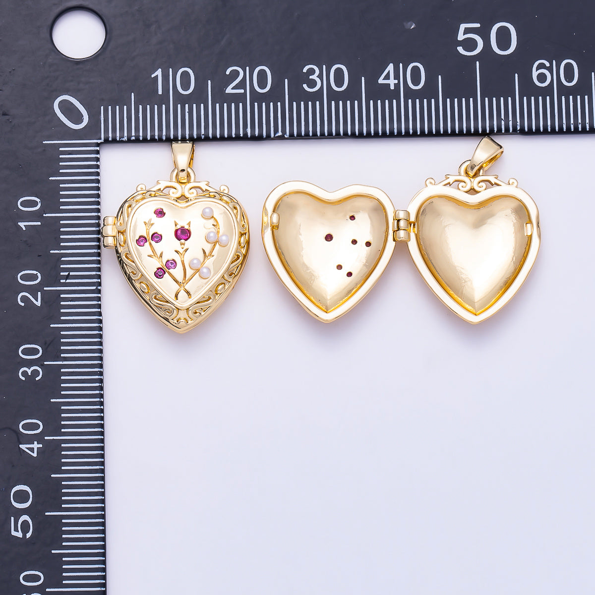 16K Gold Filled 22mm Fuchsia CZ Shell Pearl Filigree Artisan Flower Heart Locket Pendant | Charms-02002