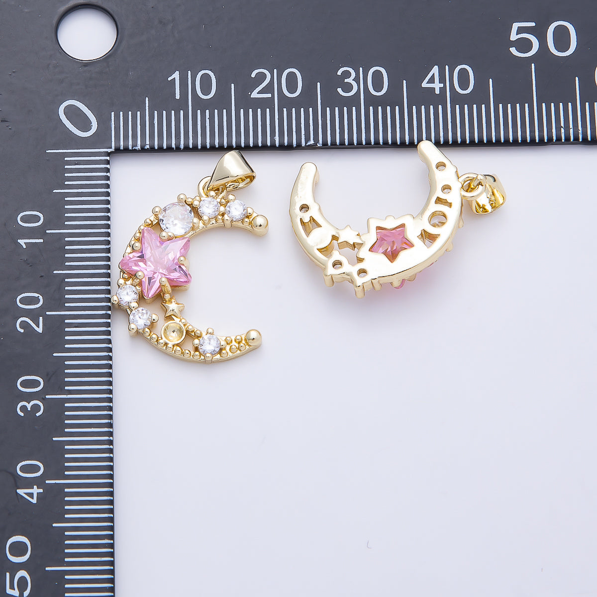 16K Gold Filled 22.5mm Pink Clear CZ Cluster Star Crescent Moon Pendant | Charms-01250