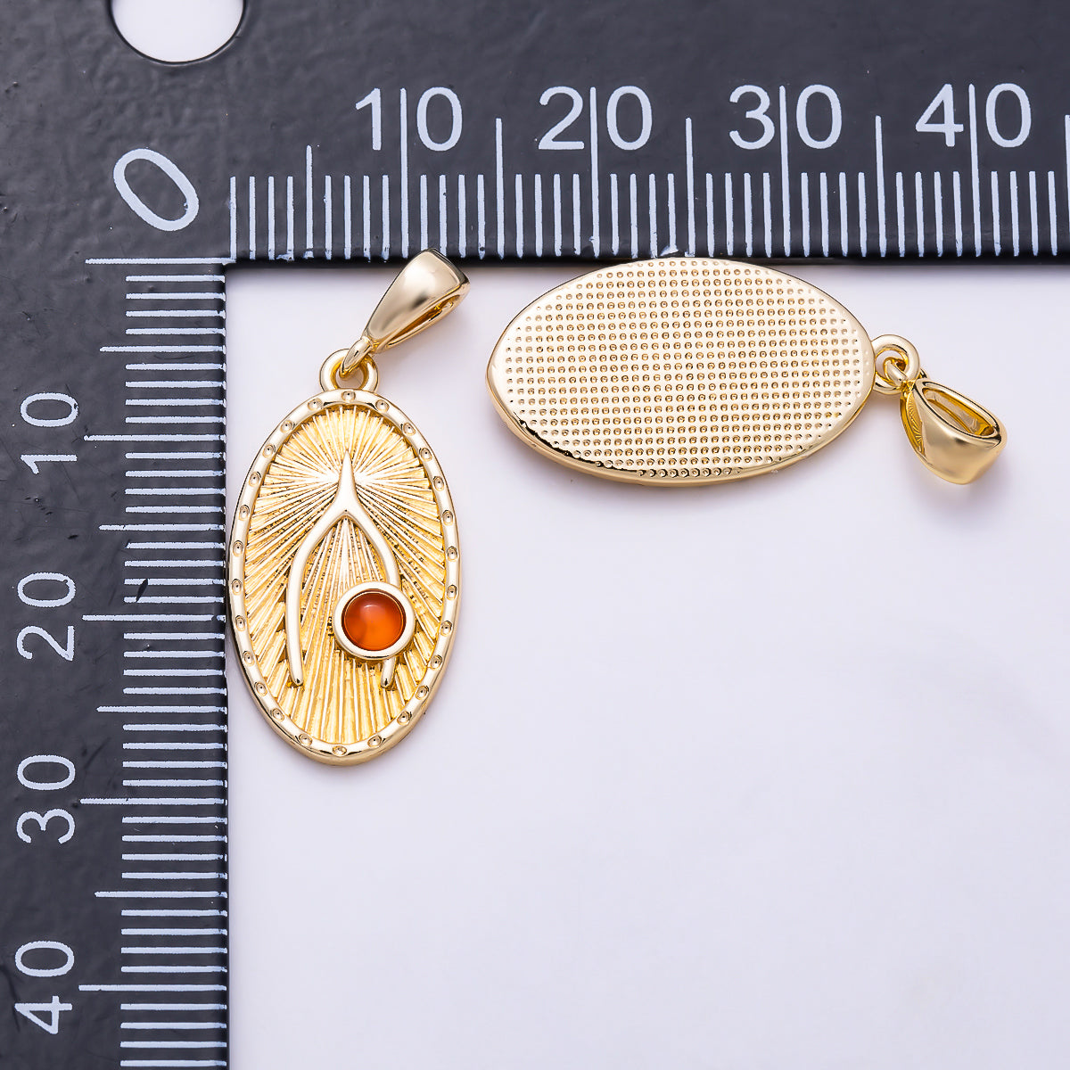 16K Gold Filled 23mm Oval Sunburst Wishbone Carnelian Orange Natural Gemstone Lucky Pendant | Charms-01986