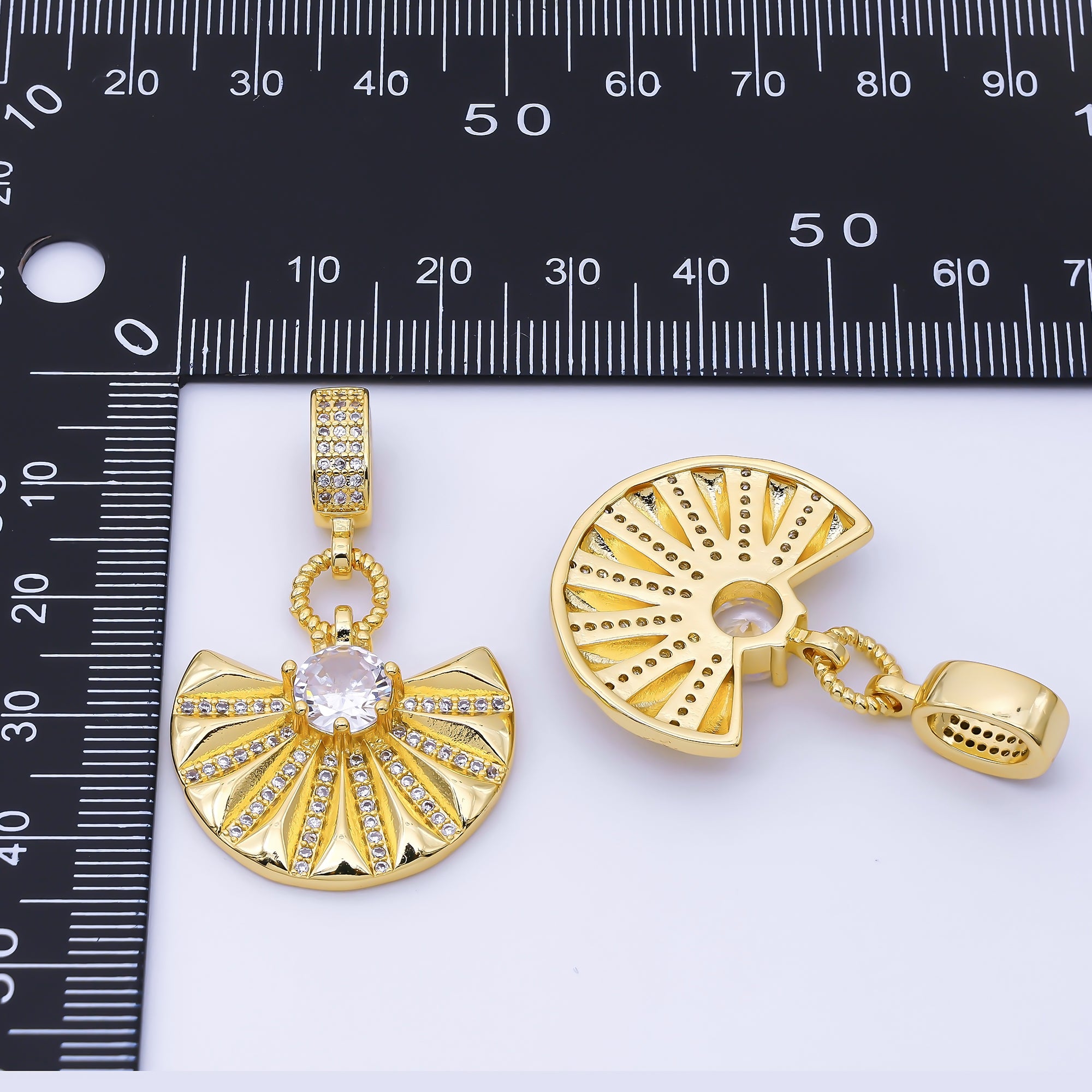 24K Gold Filled 22.5mm Fan Round Micro Paved CZ Rondelle Bail Drop Pendant | I003