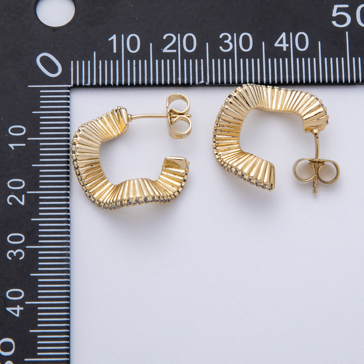 14K Gold Filled 23mm Micro Paved CZ Ribbed Wave C-Shaped Hoop Earrings | Earrings-00029