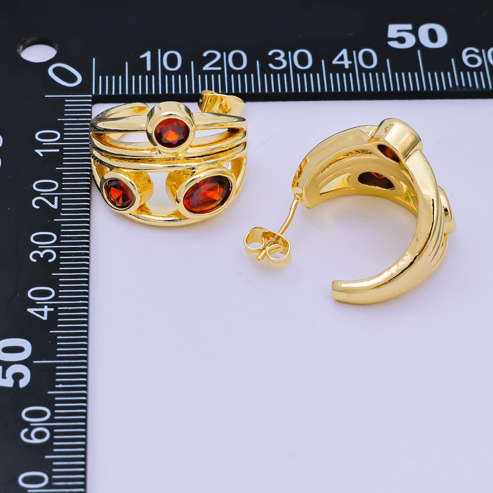 24K Gold Filled 25mm Red Round CZ Multiband C-Shaped Hoop Earrings | AI507