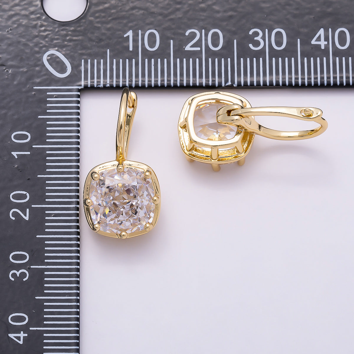 16K Gold Filled 23mm Clear CZ Rounded Square Drop Hoop Earrings | Earrings-00411