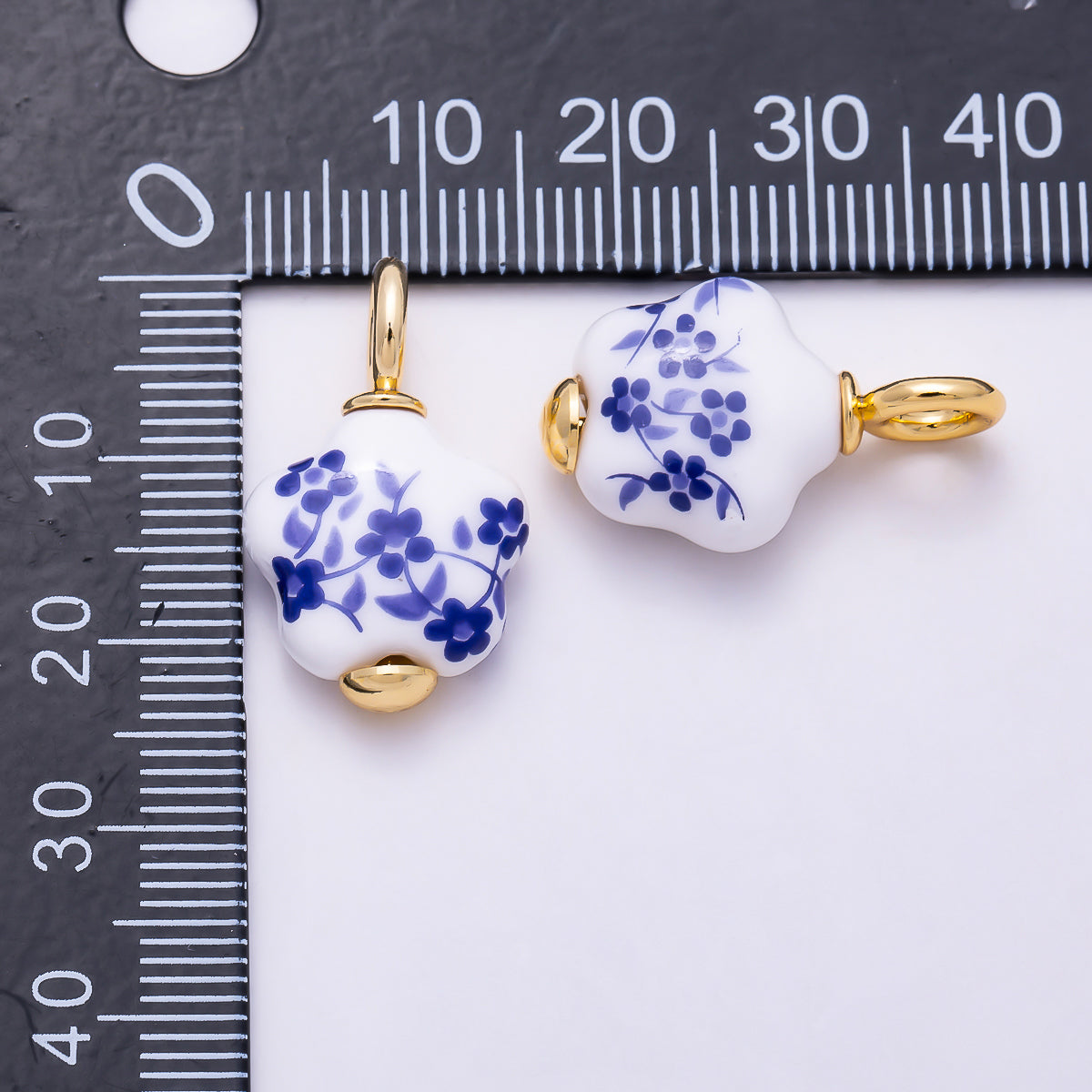 24K Gold Filled Blue Flower Ceramic Porcelain Drop Charm | W147