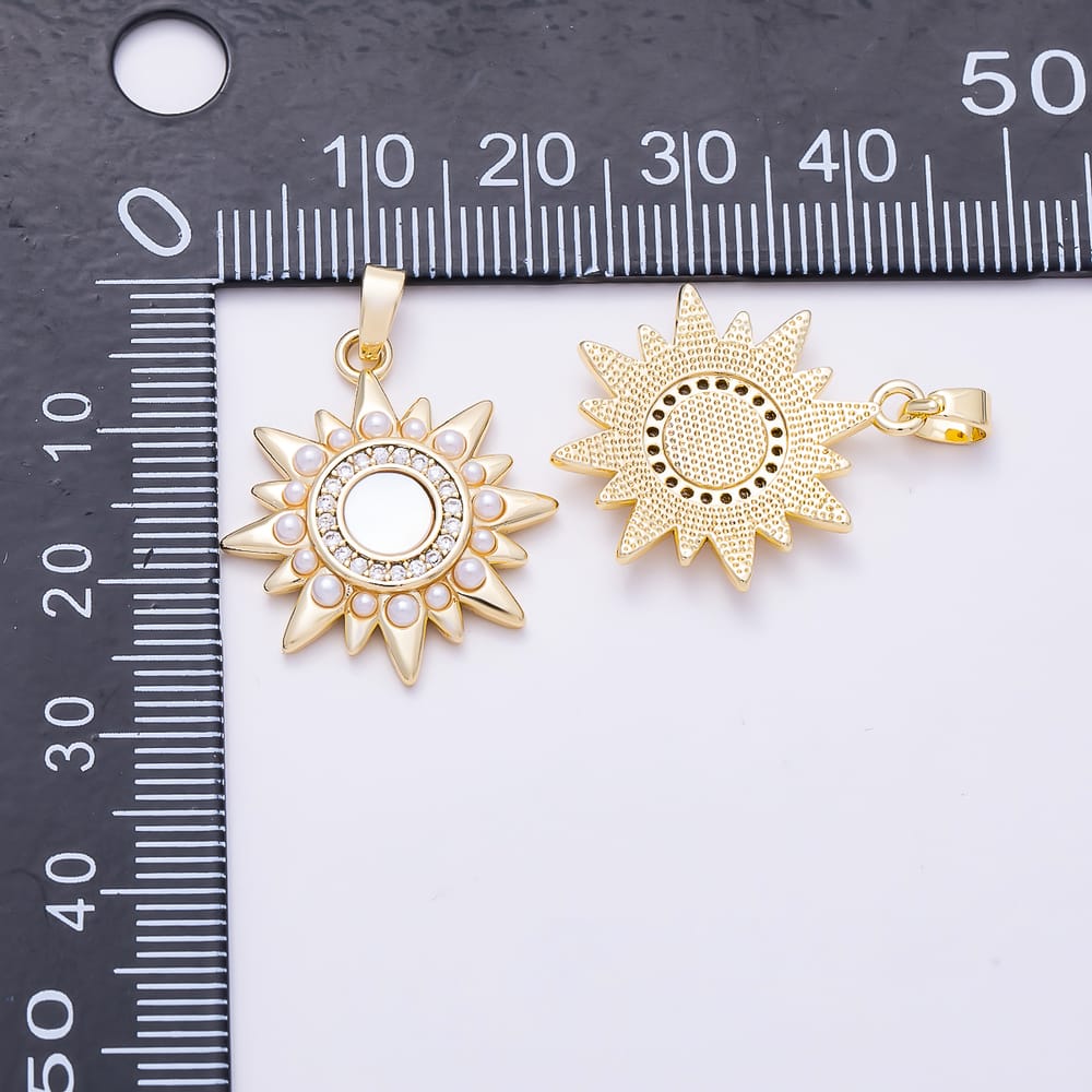 16K Gold Filled 24mm Micro Paved CZ Round Mother of Pearl Celestial Sunburst Pendant | Charms-02220