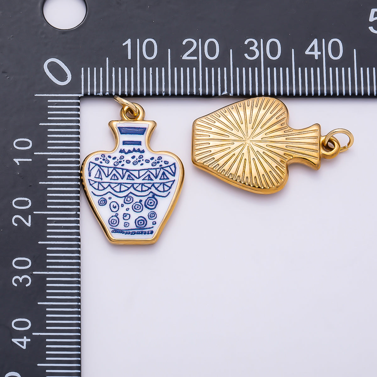 PVD Gold Stainless Steel 24mm Blue White Porcelain Artisan Ceramic Vase Charm | Charms-01330