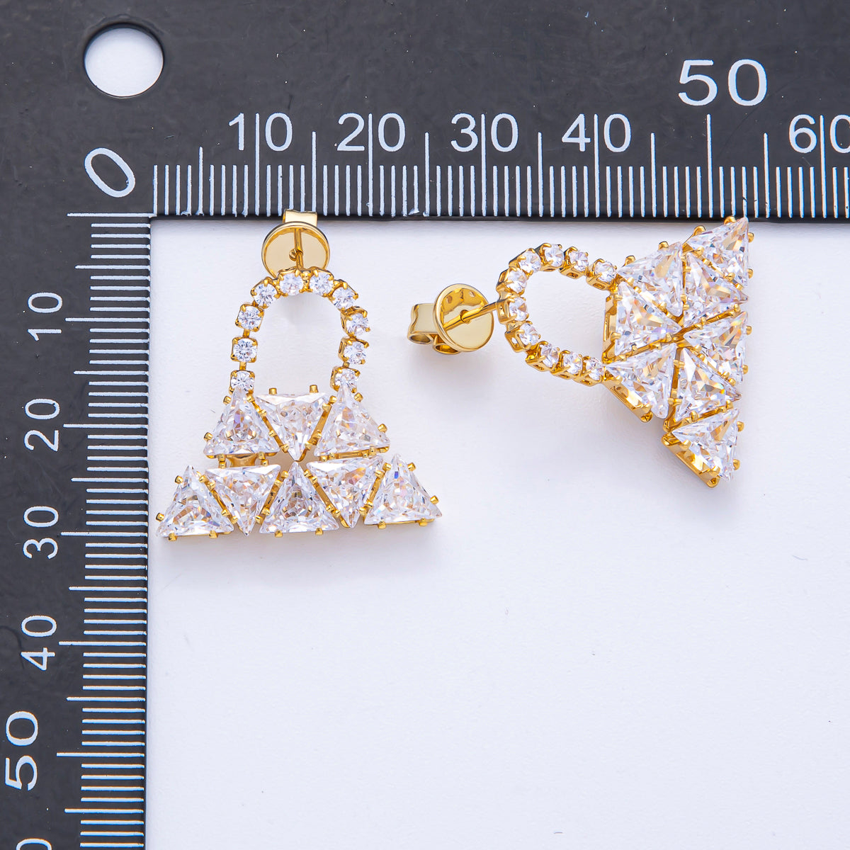 18K Gold Filled 24mm Clear CZ Bag Triangle Geometric Drop Stud Earrings | AD1672