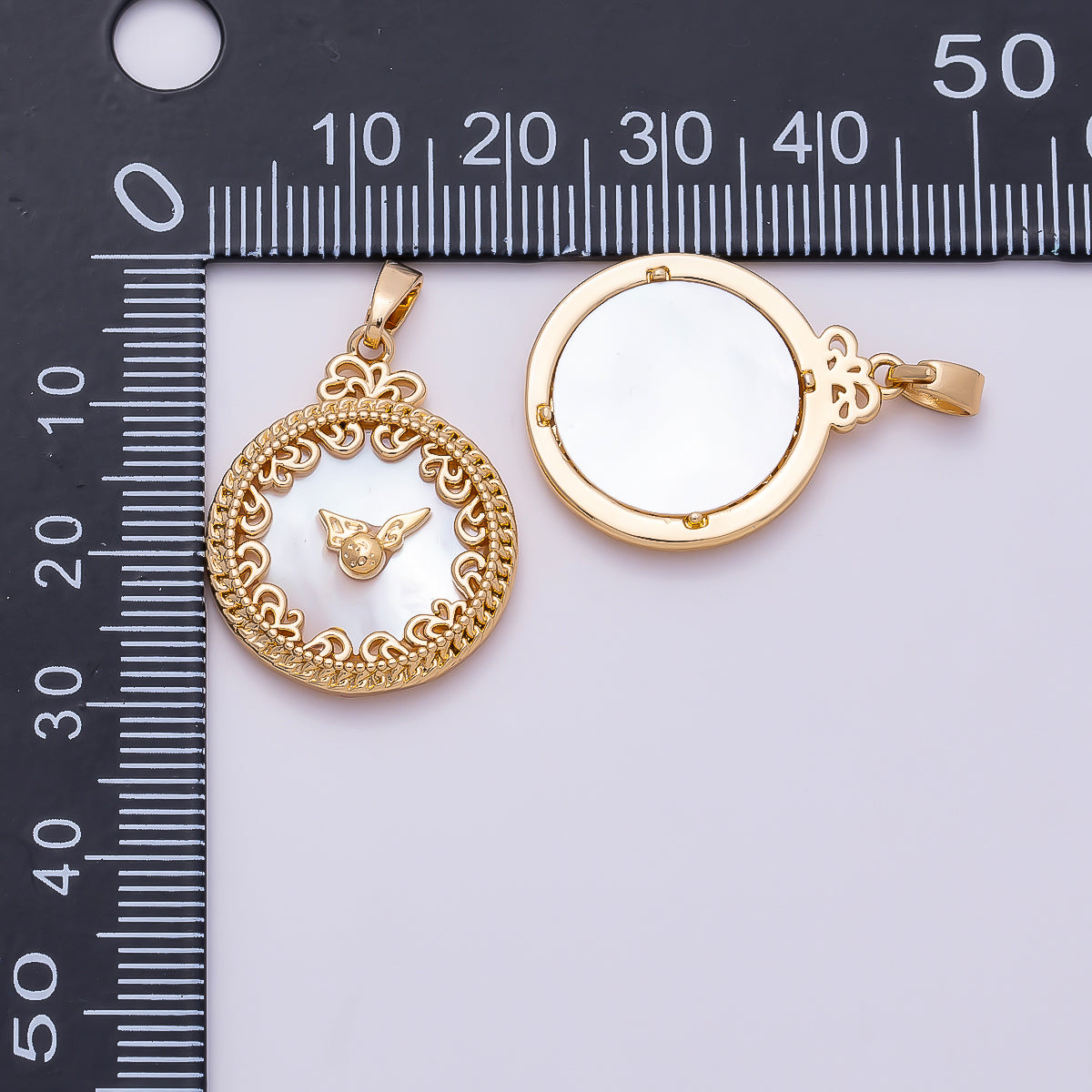 16K Gold Filled 24.5mm Mother of Pearl Clock Artisan Bezel Round Pendant in Gold & Silver | Charms-01362