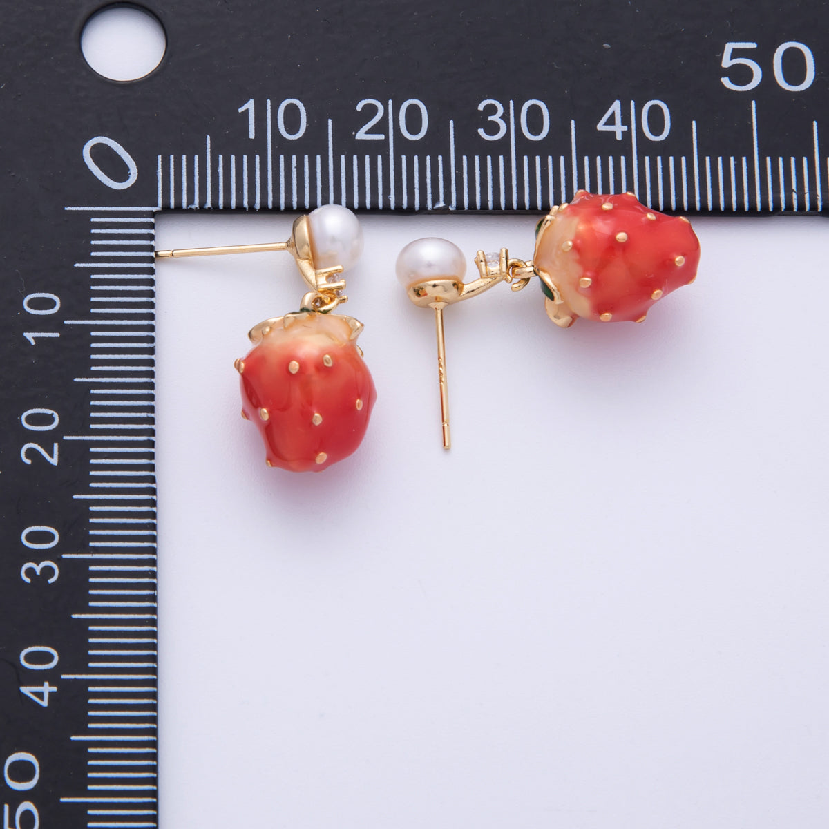 14K Gold Filled 24.5mm Strawberry Enamel Shell Pearl Drop Stud Earrings | EARRINGS-00014