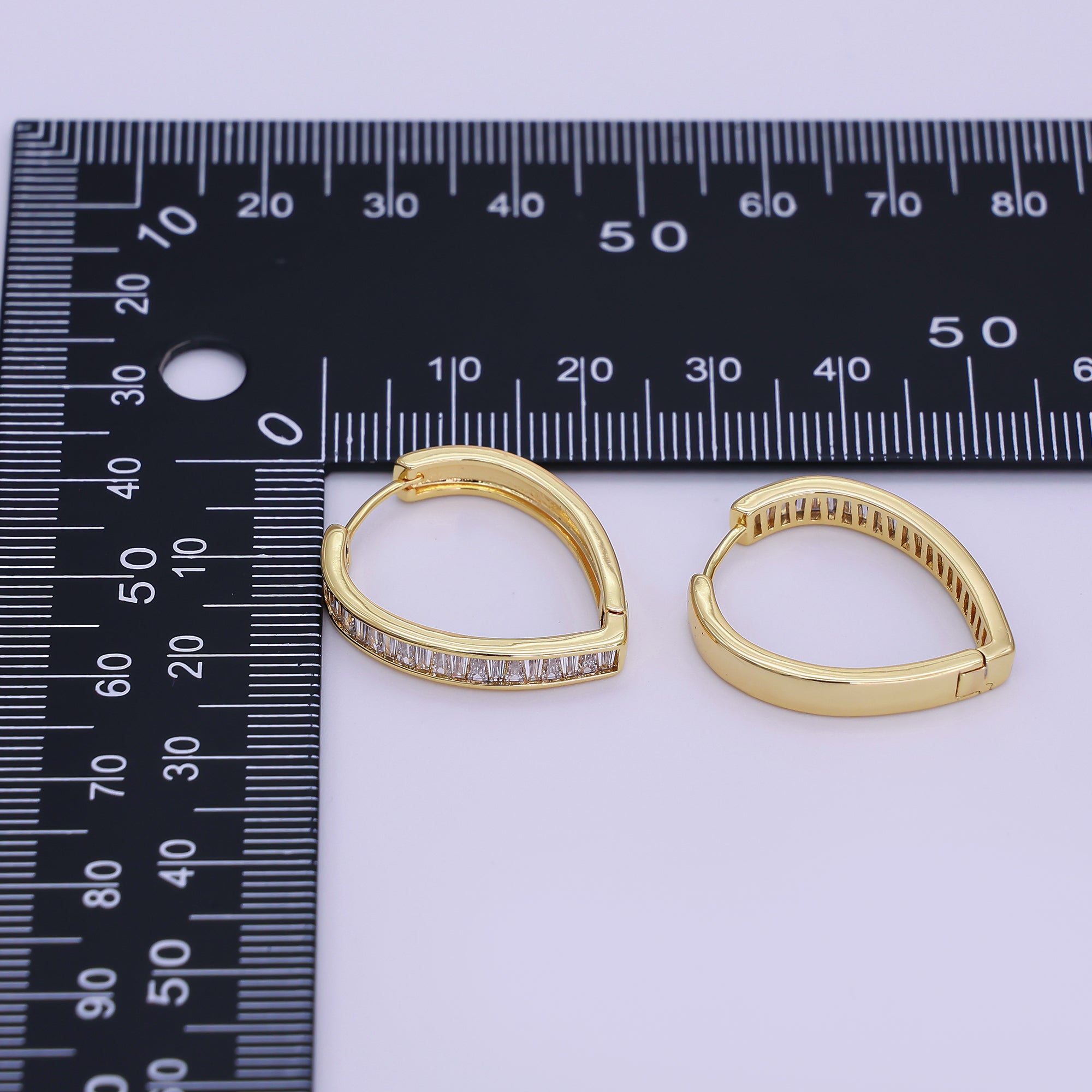 24K Gold Filled 25mm Clear CZ Baguette Navette Triangle Hoop Earrings | T155