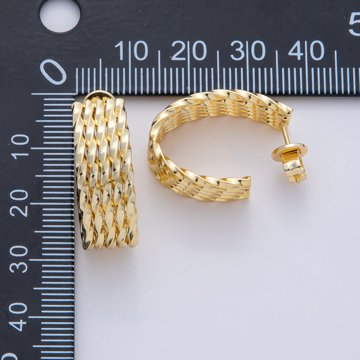 18K Gold Filled 25mm Twisted Multiple Band J-Shaped Hoop Earrings | AD1643