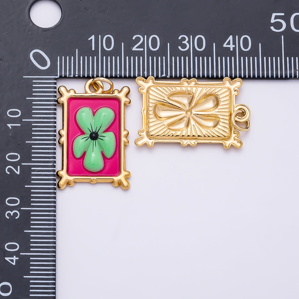 PVD Gold Stainless Steel 25mm Enamel Clover Flower Bezel Rectangle Charm | Charms-01325