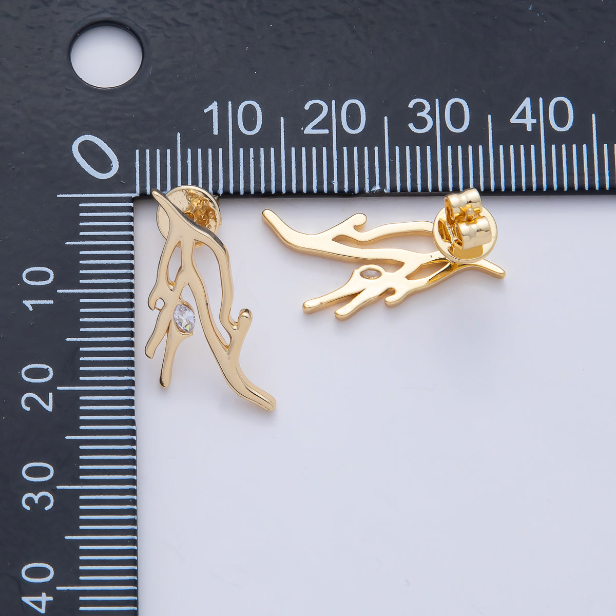 18K Gold Filled 24mm Clear CZ Geometric Lined Leaf Stud Earrings | AD1665