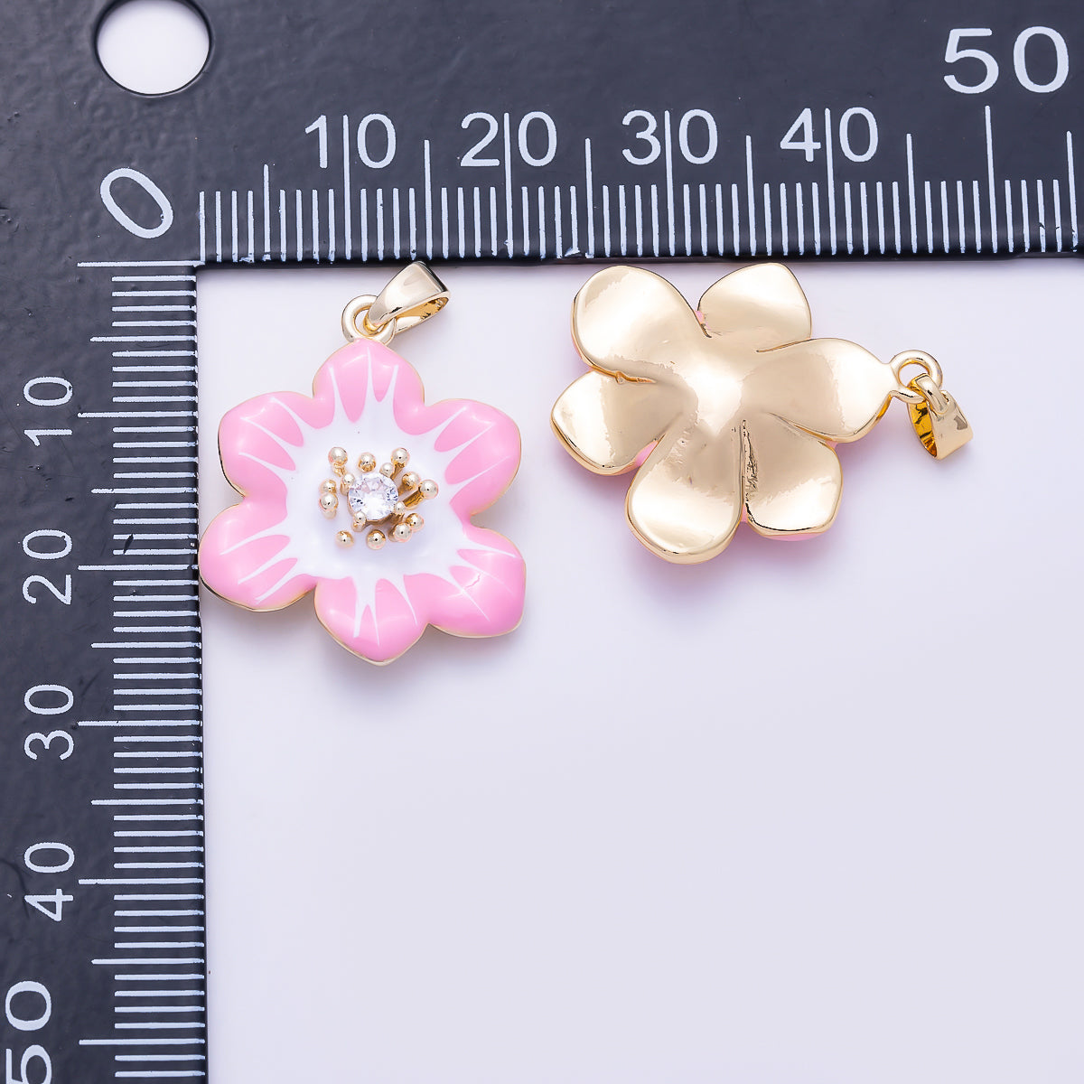 16K Gold Filled 24mm CZ Pink White Enamel Blooming Flower Pendant | Charms-02003