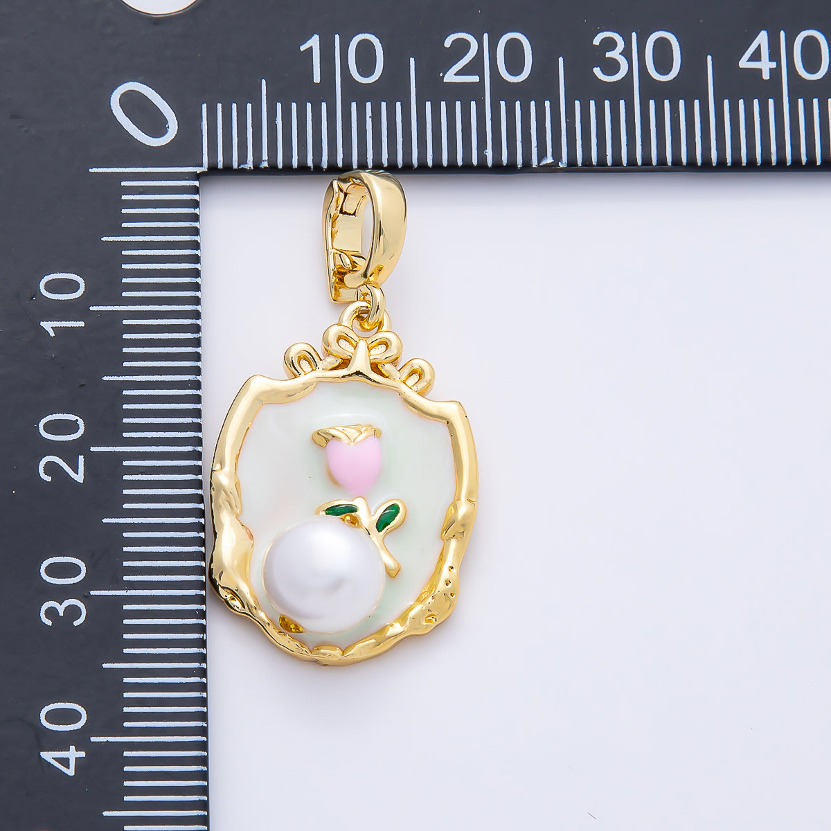 24K Gold Filled Green Pink Rose Flower With Pearl Snap Bail Pendant | AA1462