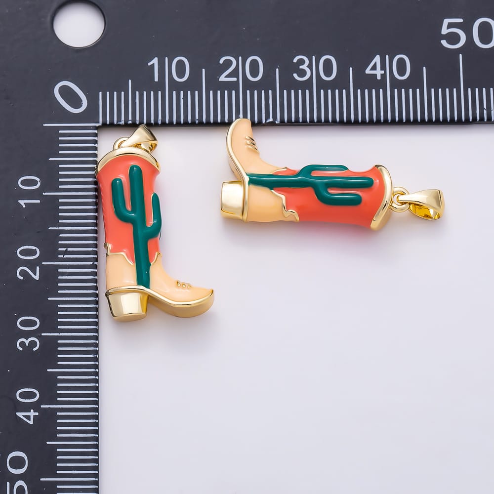 16K Gold Filled 25mm Multicolor Enamel Cactus Cowboy Boot 3D Multidimensional Pendant in Gold & Silver | Charms-02264 Charms-02265