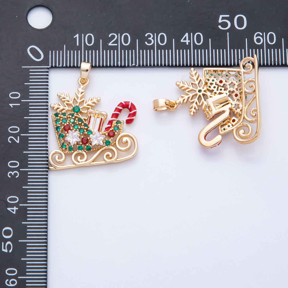 18K Gold Filled 25.5mm Christmas Sled Presents Candy Cane Snow Holiday Pendant | H030