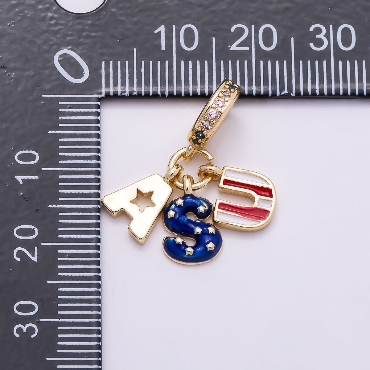 16K Gold Filled 25mm Clear CZ Letter USA Flag Enamel Pendant | Charms-00962
