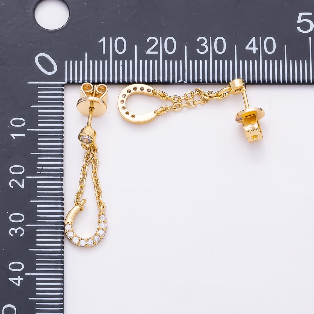16K Gold Filled 25mm Lucky Horseshoe Micro Paved CZ Round Chain Drop Stud Dangle Stud Earrings | Earrings-01179