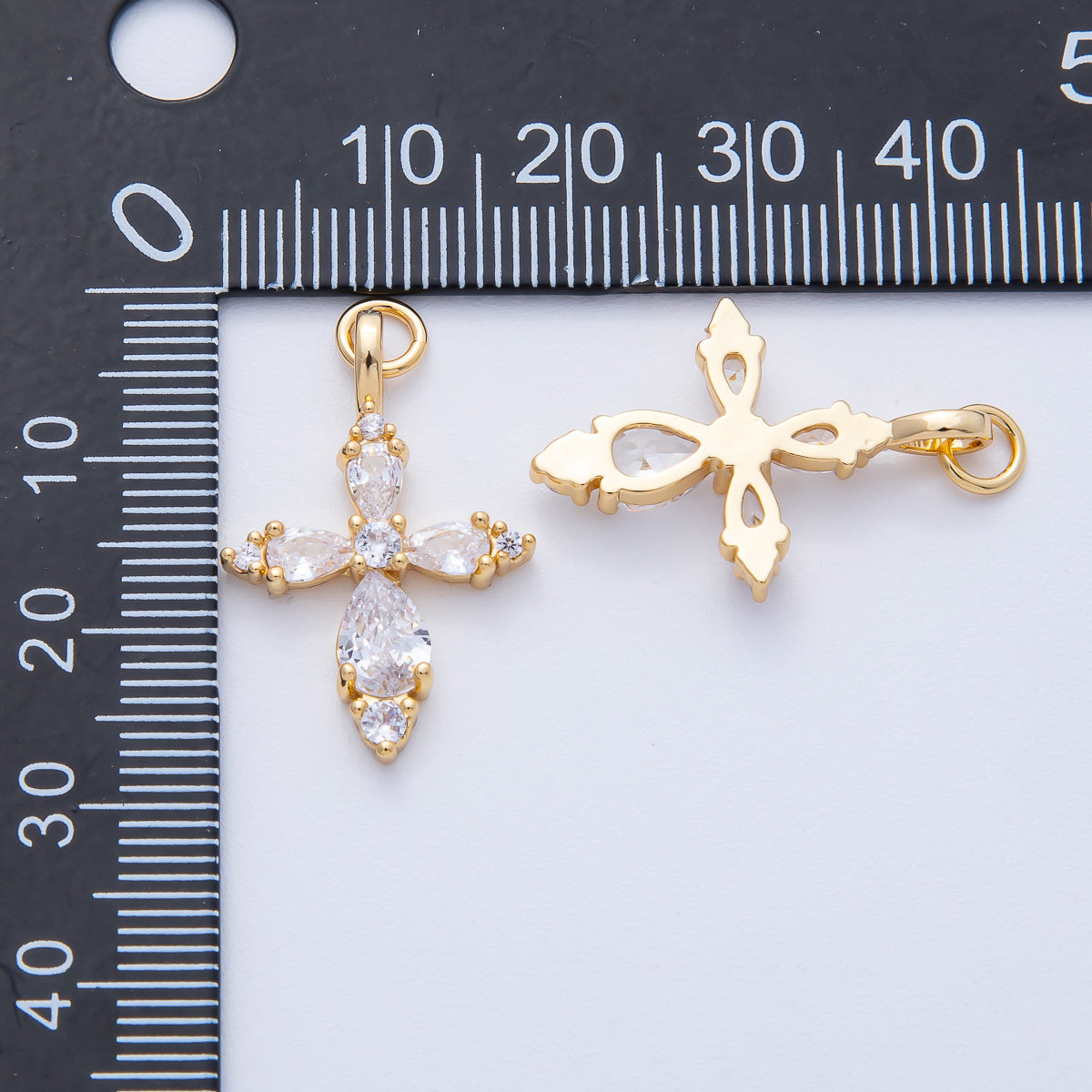 18K Gold Filled 26mm Clear CZ Teardrop Religious Passion Cross Charm | AK199
