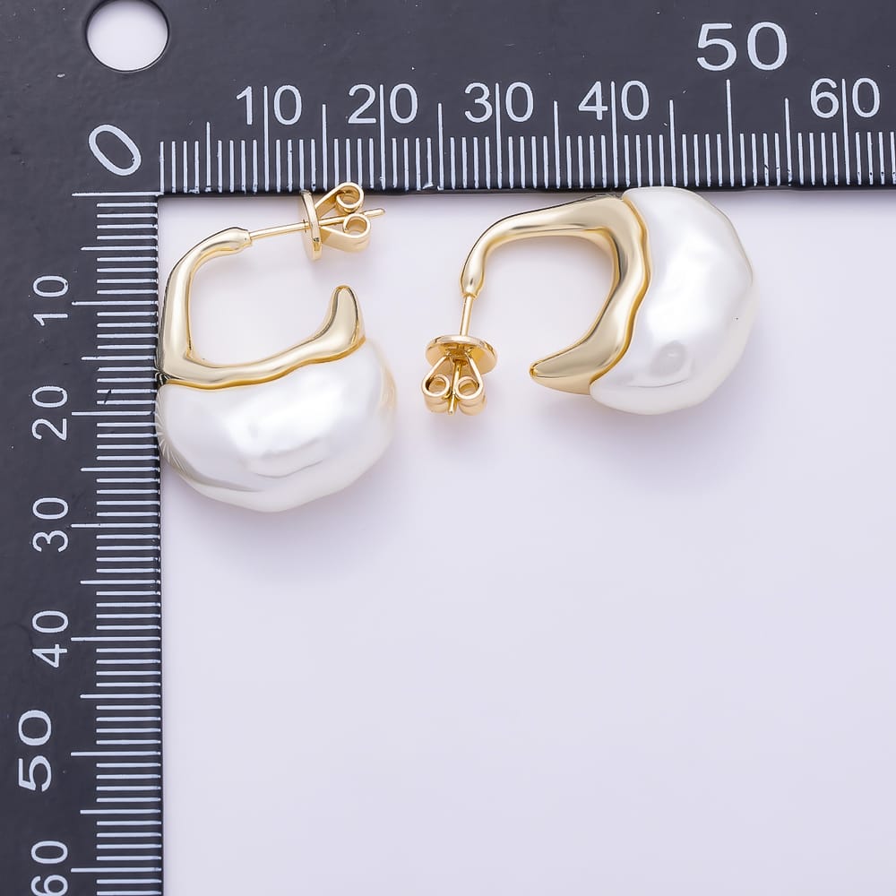 16K Gold Filled 26mm Organic Molten Liquid Frame Baroque Freshwater Pearl C-Hoop Stud Earrings | Earrings-00930