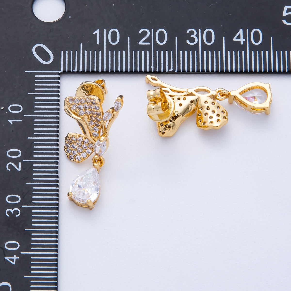 18K Gold Filled 25.8mm Clear CZ Micro Paved CZ Butterfly Stud Earrings Set | Earrings-00129