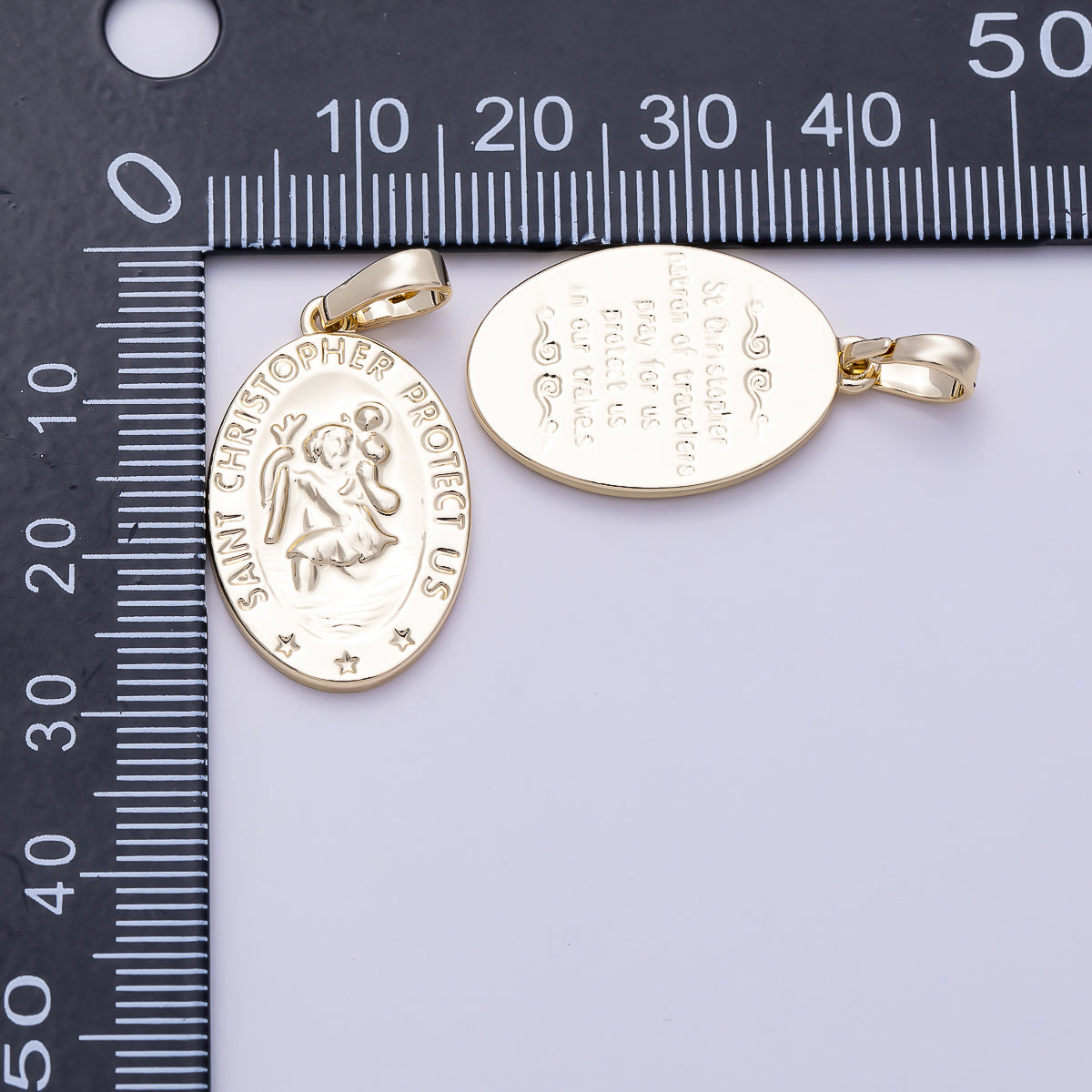 16K Gold Filled 25mm "Saint Christopher Save Us" Religious Prayer Oval Pendant | Charms-01397