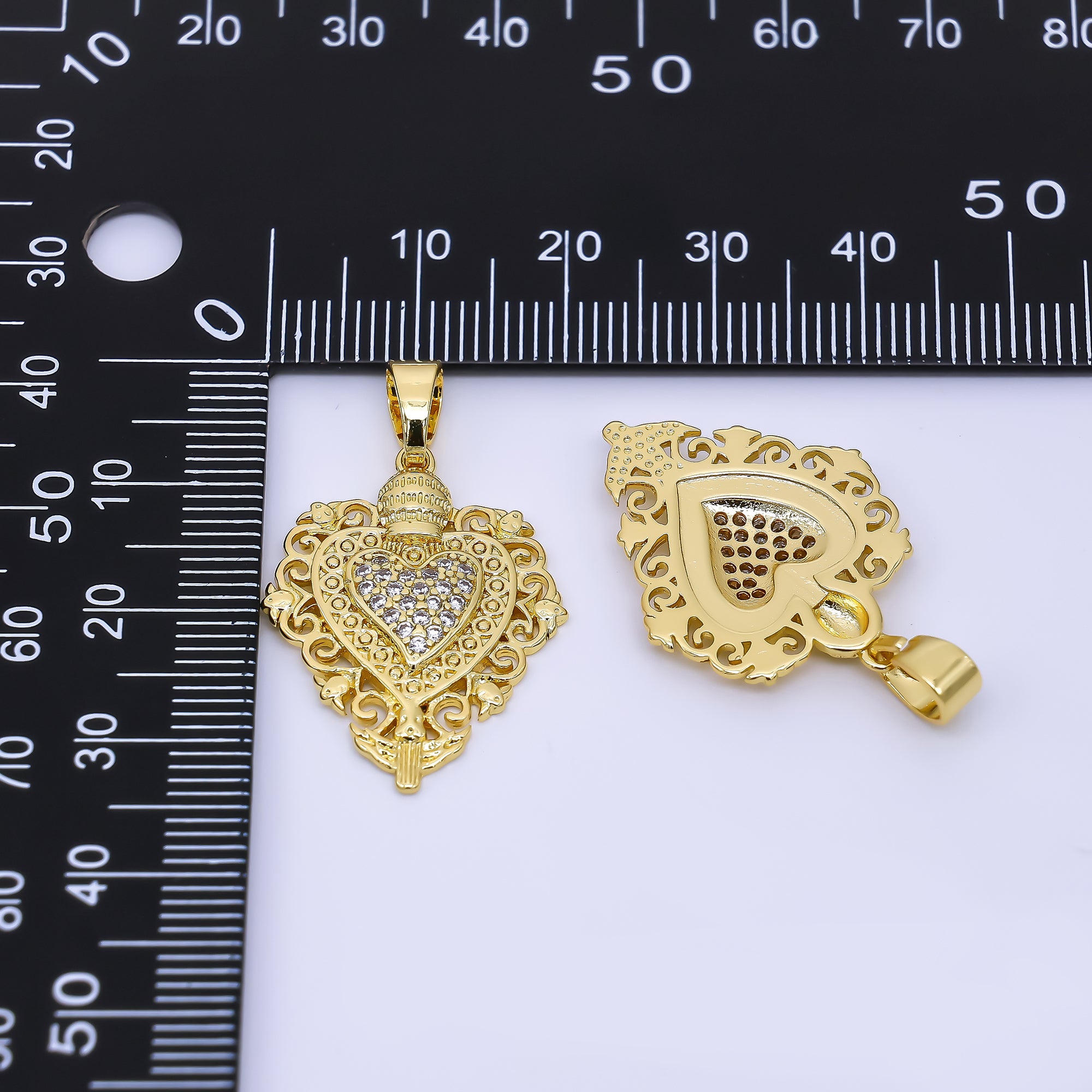 24K Gold Filled 26mm Micro Paved CZ Artisan Heart Pendant | AH542