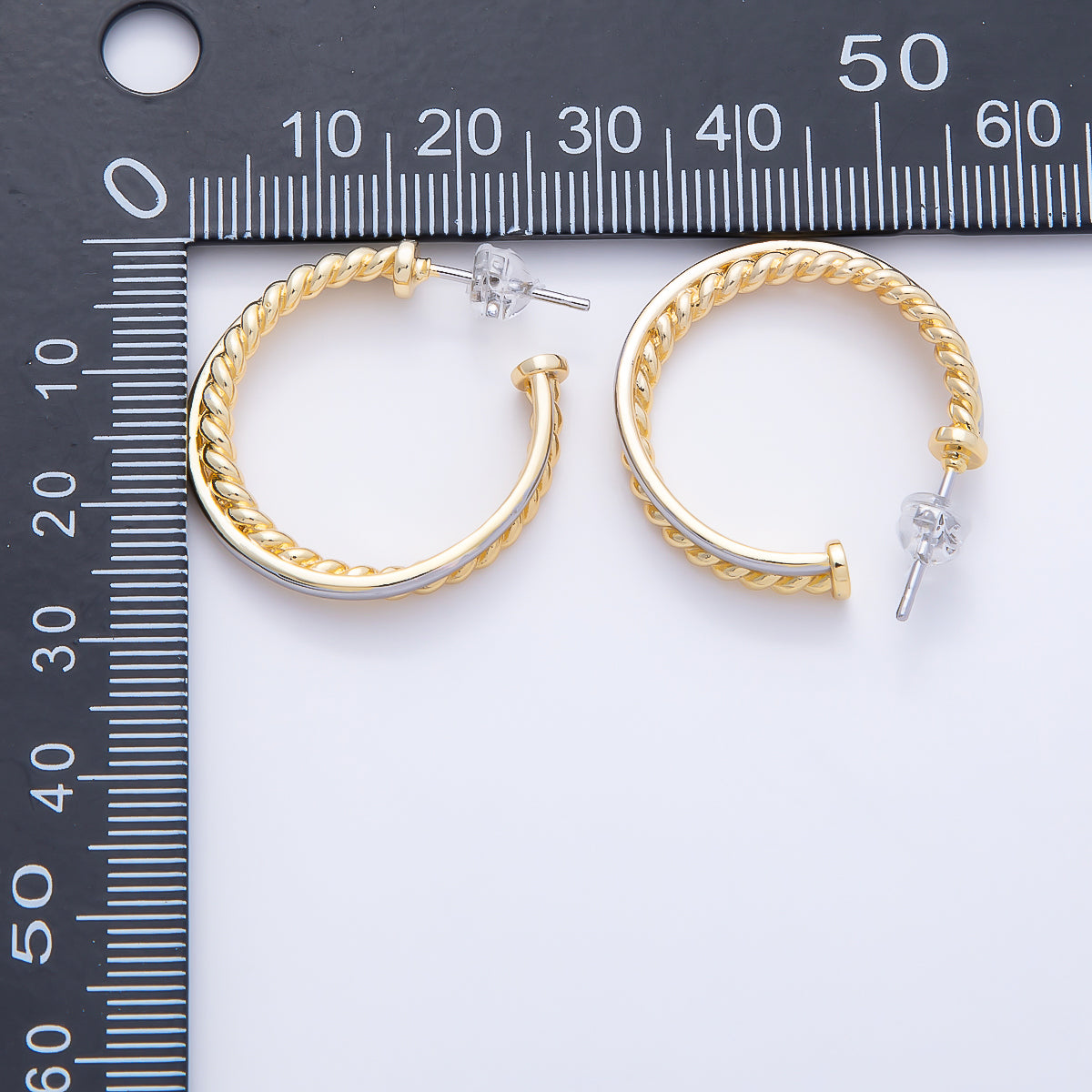 16K Gold Filled 25mm Mixed Metal Croissant Double C-Shaped Hoop in Silver & Gold | Earrings-00670