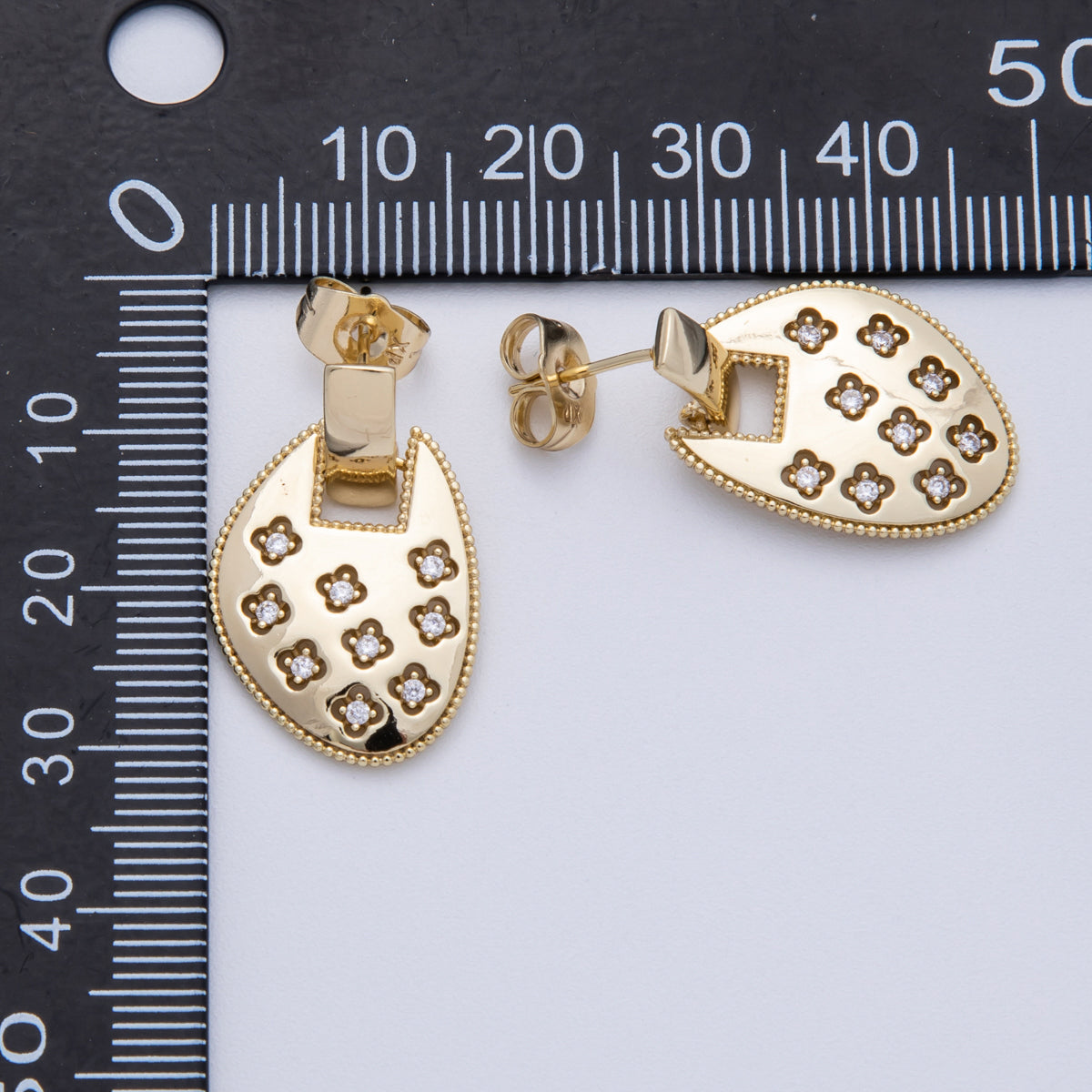 14K Gold Filled 26.5mm Clear CZ Clover Dotted Geometric Drop Stud Earrings | Earrings-00033