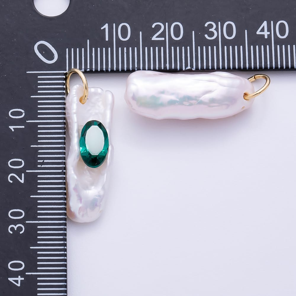 16K Gold Filled 26mm Green, Fuchsia Oval CZ Biwa Freshwater Pearl Rectangle Pendant | Charms-02463 Charms-02464