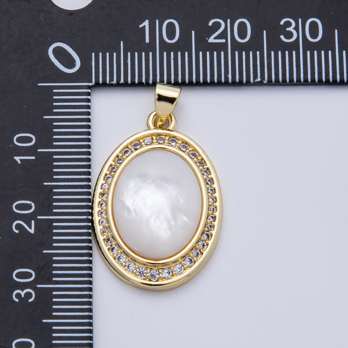 14K Gold Filled 26.5mm Shell Pearl Micro Paved CZ Cabochon Oval Pendant | AA1689