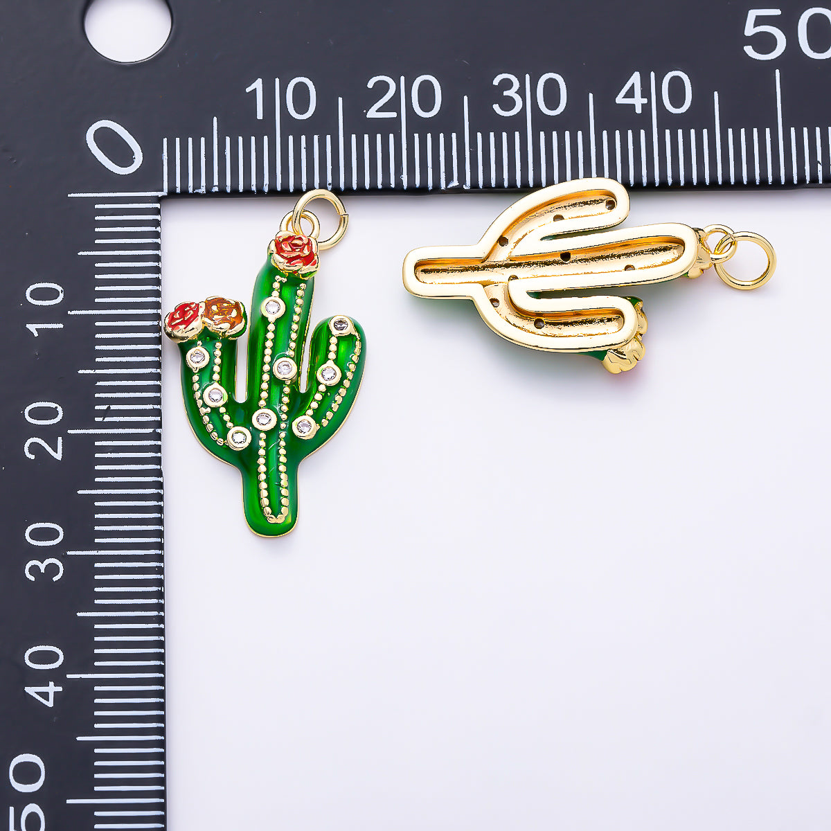 16K Gold Filled 27mm Clear CZ Plant Cactus Enamel Charm | Charms-01510