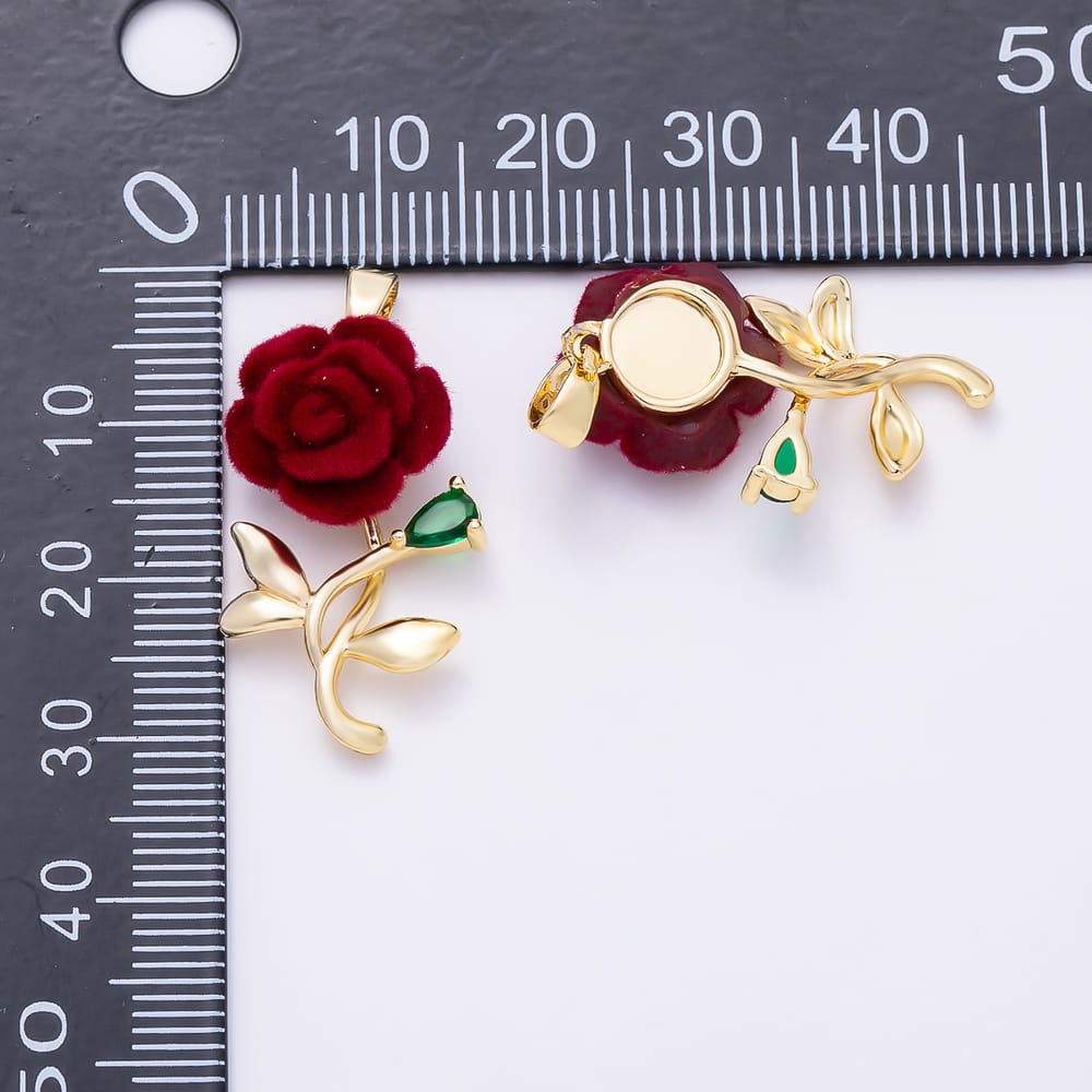 16K Gold Filled 27mm Green Teardrop CZ 3D Red Flocked Rose Flower Pendant | Charms-02221