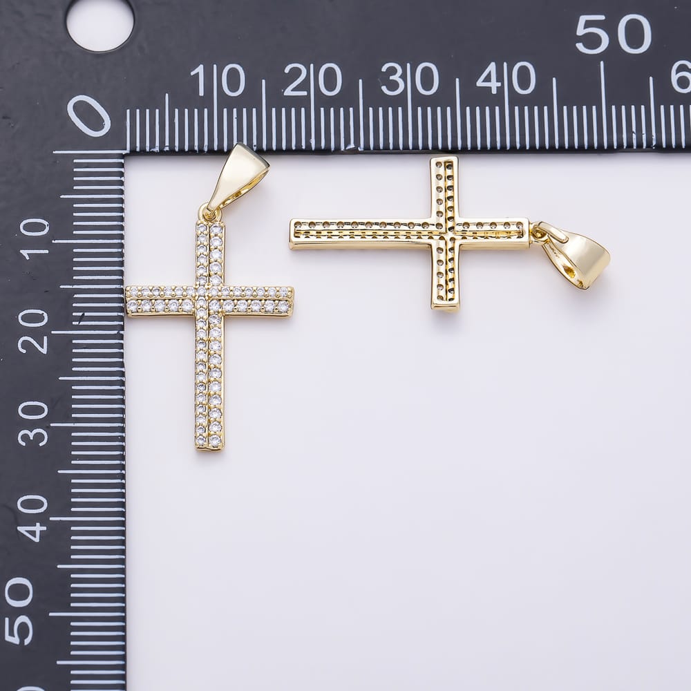 14K Gold Filled 27mm Double Row Micro Paved CZ Religious Cross Pendant | Charms-02258