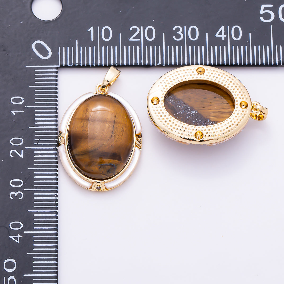 16K Gold Filled 26mm Oval Tiger Eye Cabochon Natural Gemstone Pendant | Charms-01940 - Charms-01941