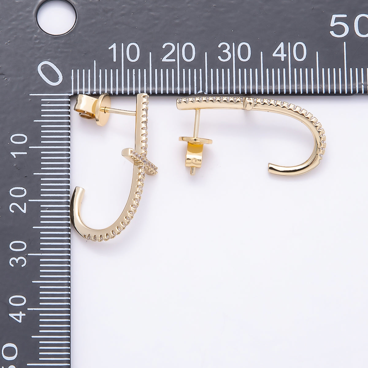 16K Gold Filled 27mm Clear T J-Shaped Micro Paved CZ Stud Earrings | Earrings-00432