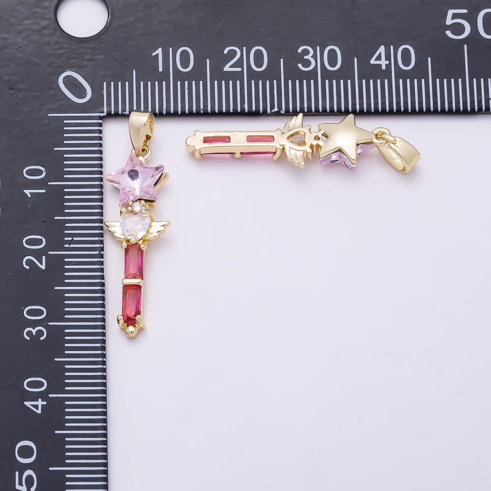 16K Gold Filled 27mm Pink CZ Star Heart Wings Magic Wand Pendant | Charms-02378