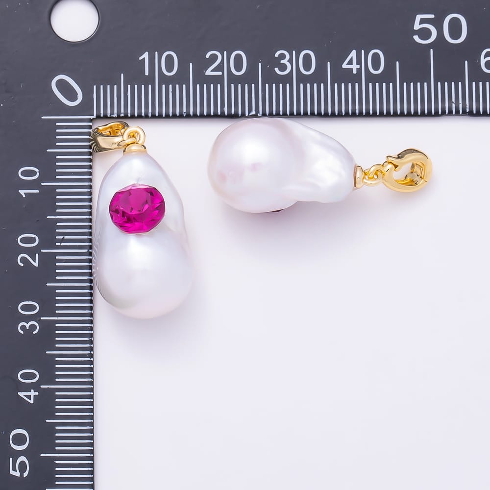 16K Gold Filled 28mm Fuchsia, Orange, Blue CZ Baroque Freshwater Pearl Snap Bail Pendant | Charms-02400 ~ Charms-02402