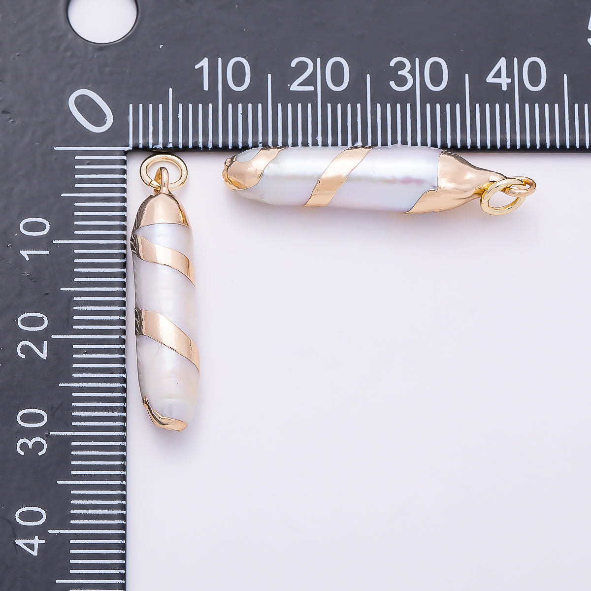 18K Gold Filled 28mm White Cylinder Biwa Freshwater Pearl Spiral Foil Charm | Charms-01372