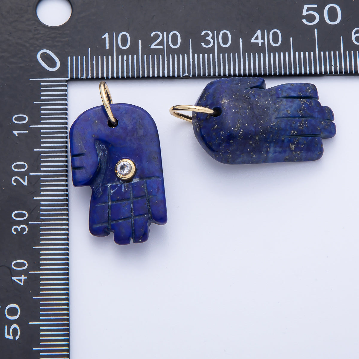 18K Gold Filled 28mm Clear CZ Blue Lapis Lazuli Hamsa Hand Charm | AK206