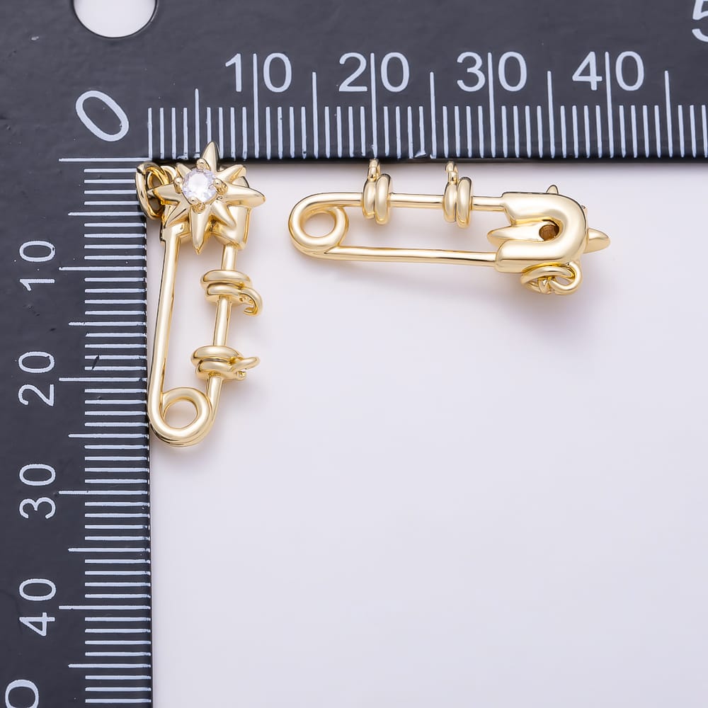 16K Gold Filled 27mm North Star Clear CZ Safety Pin Charm | Charms-02150