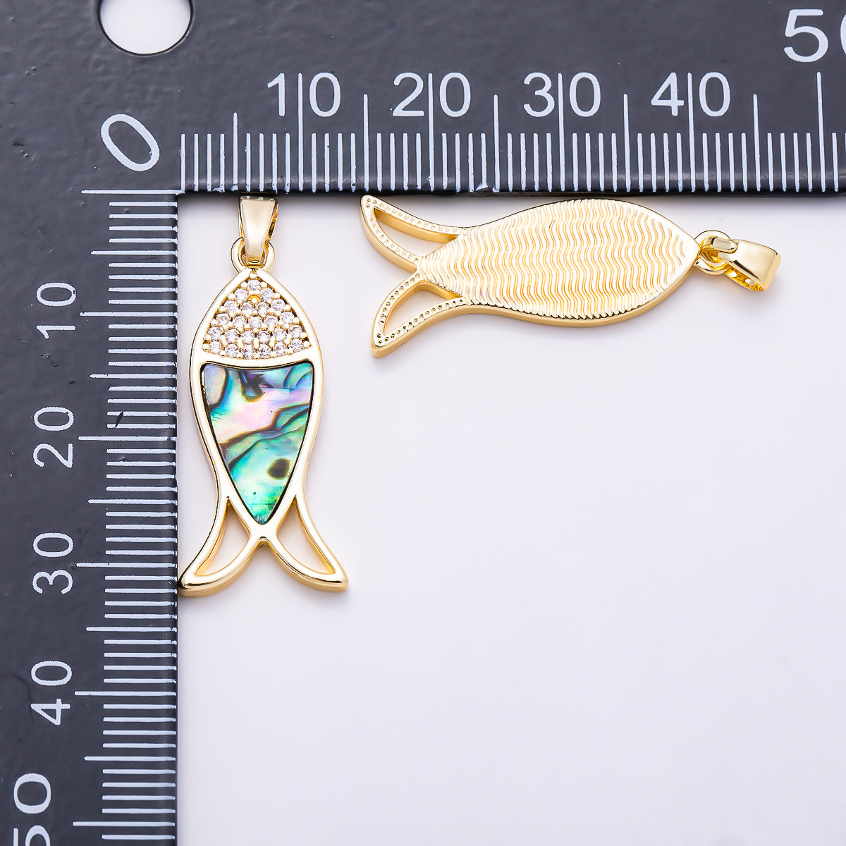16K Gold Filled 28mm Shell Pearl, Abalone Micro Paved CZ Fish Pendant | Charms-02019 Charms-02020