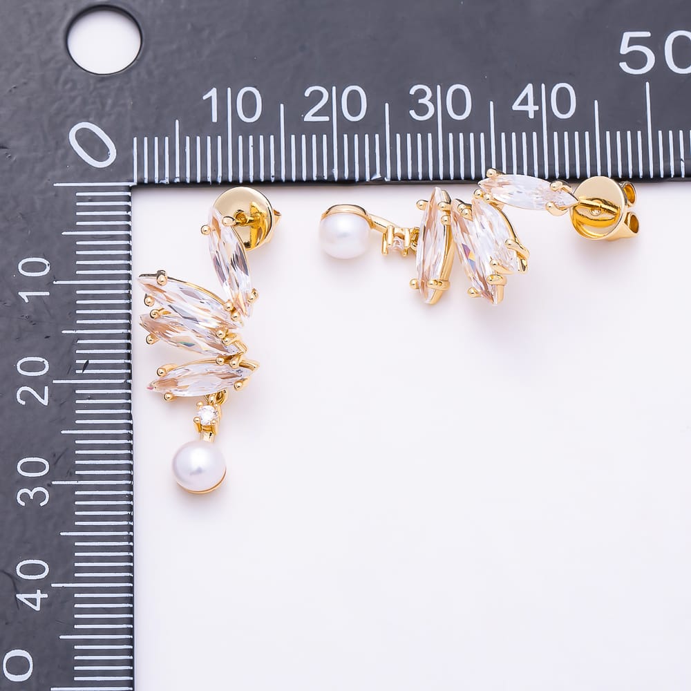 16K Gold Filled 28mm Shell Pearl Marquise Clear CZ Half Floral Cluster Stud Earrings | Earrings-01027