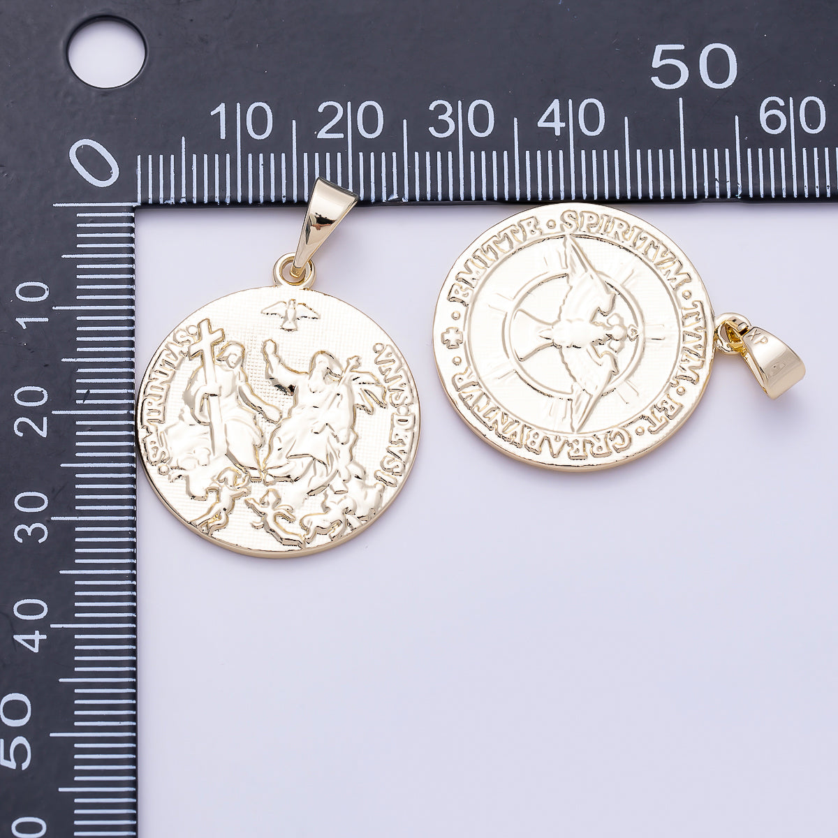 16K Gold Filled 28mm Minimalist Holy Trinity Religious Double Sided Round Pendant | Charms-01471