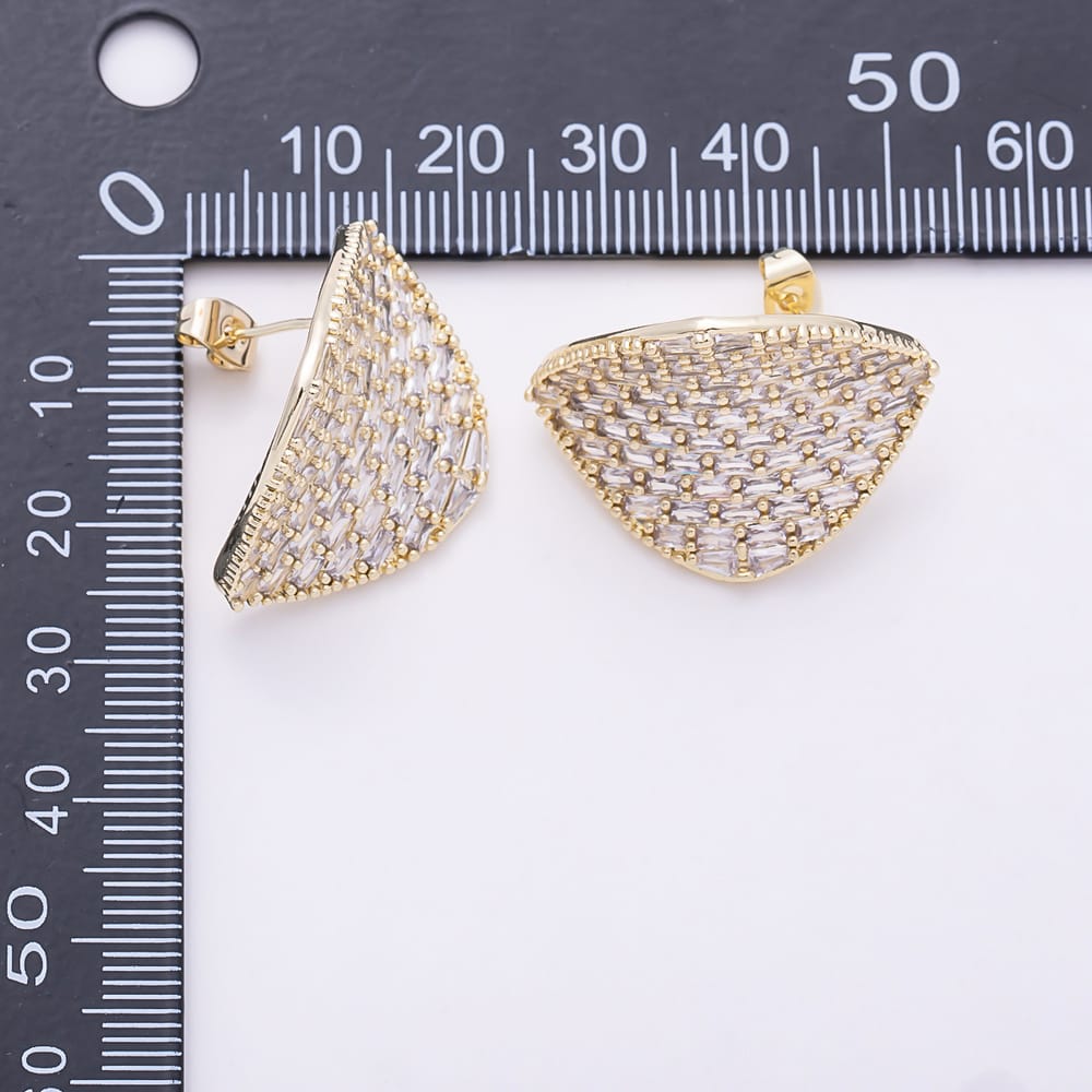 16K Gold Filled 29mm Clear Baguette Micro Paved CZ Organic Curved Triangle Stud Earrings | Earrings-00942